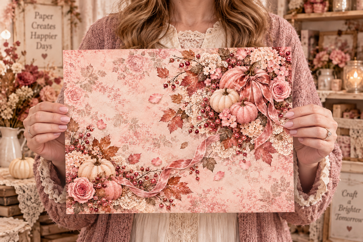 Crafter holding an Autumn in Blush printed paper