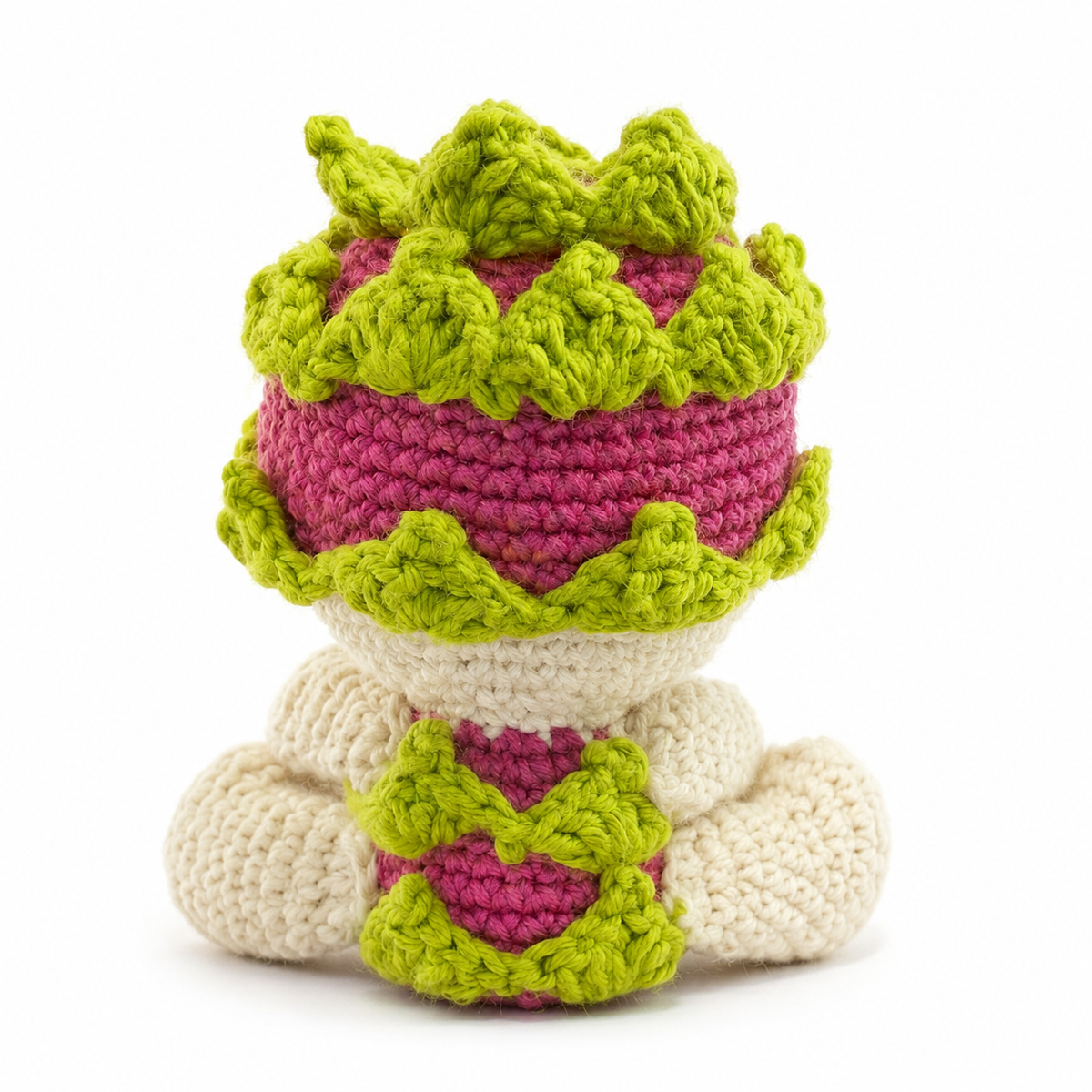 Back view of handmade Baby Dragon Fruit crochet plush