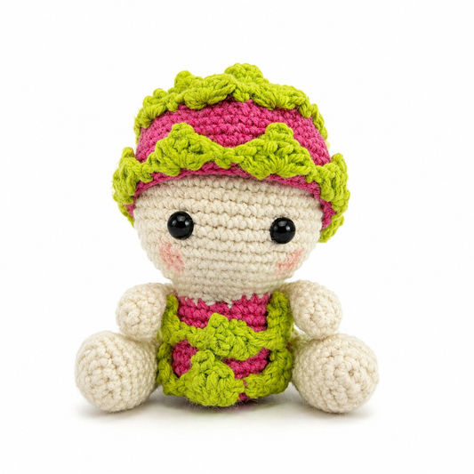 Petite handmade crochet Baby Dragon Fruit plush, front view