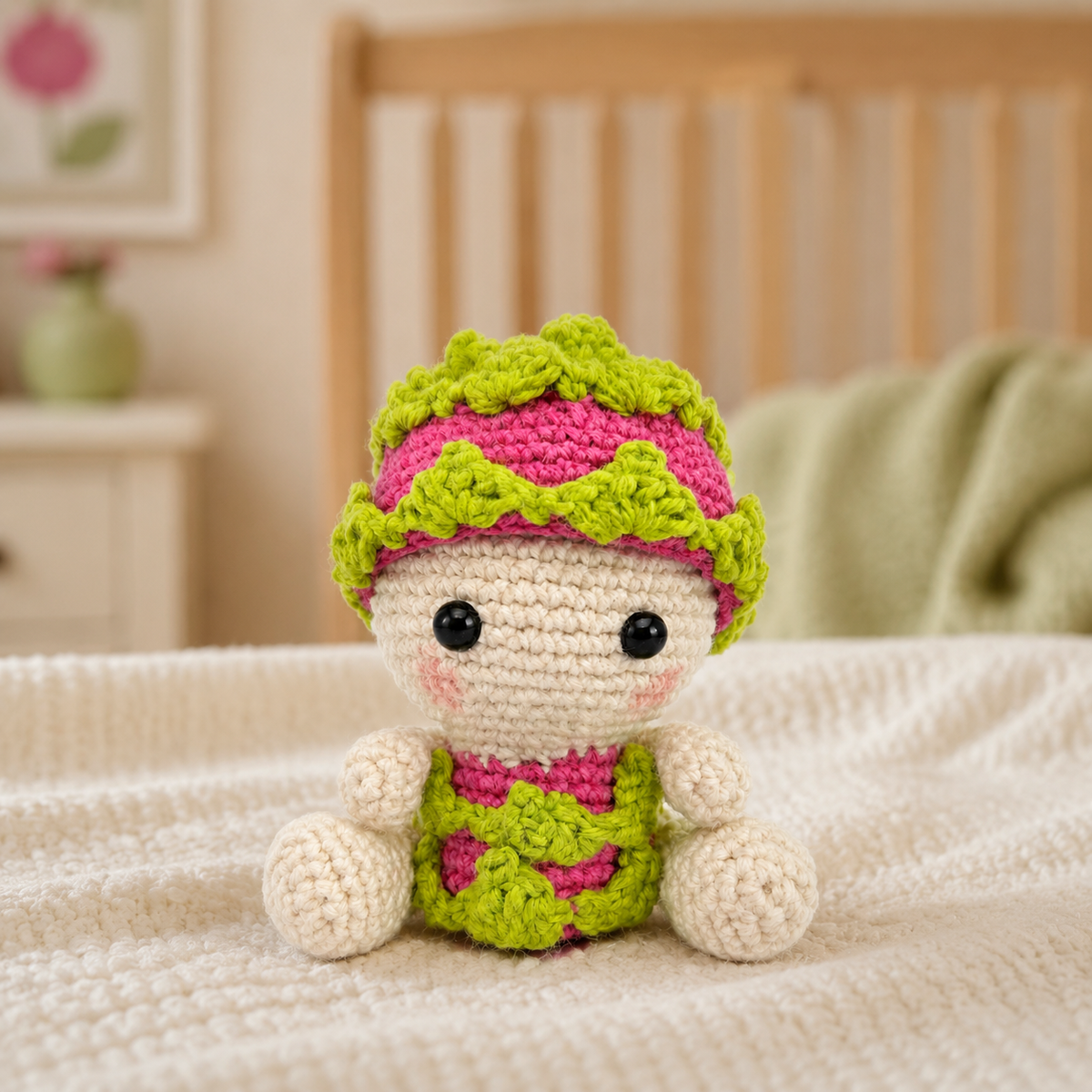 Petite Baby Dragon Fruit crochet plush in a cozy nursery