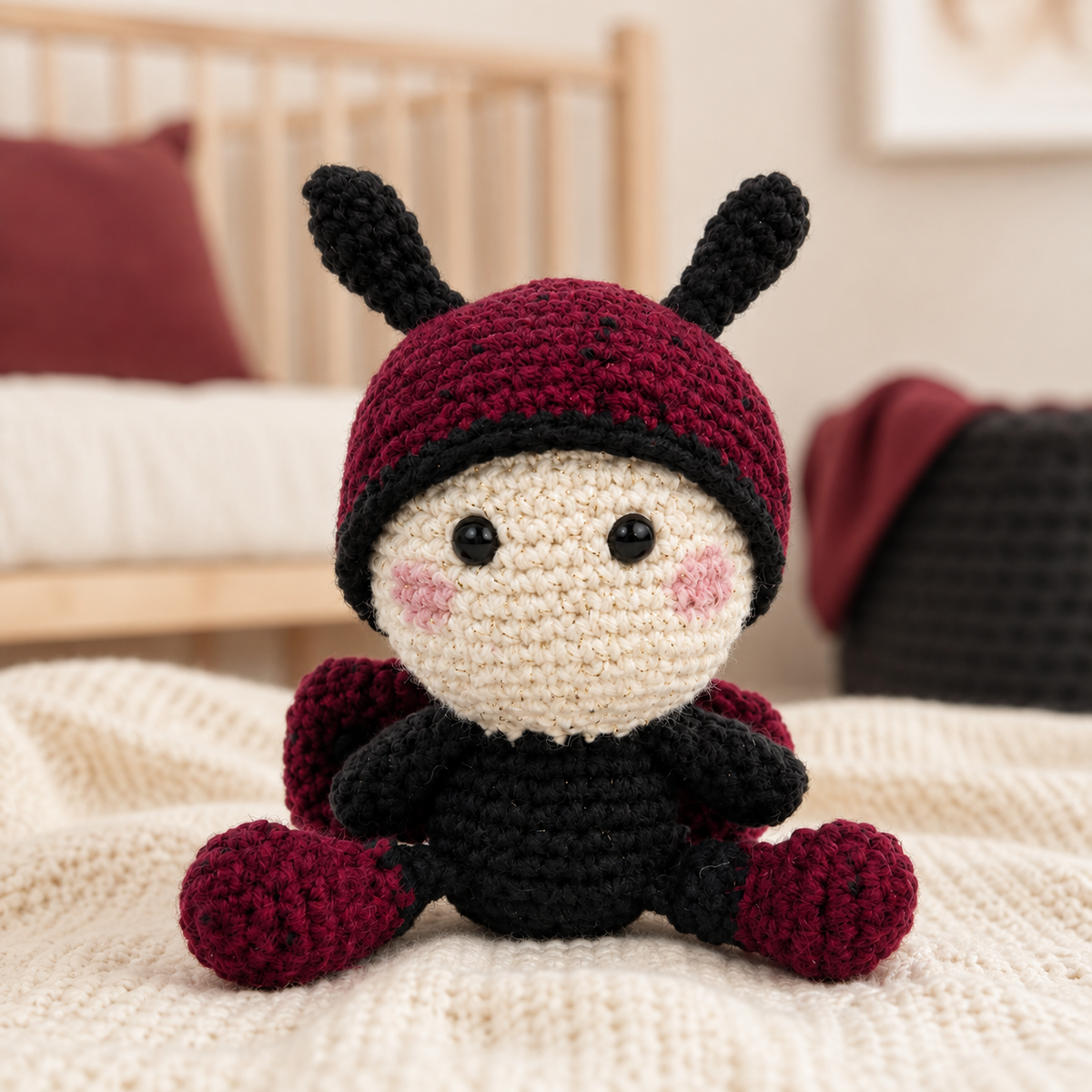 Baby Ladybug crochet plush in a cozy nursery