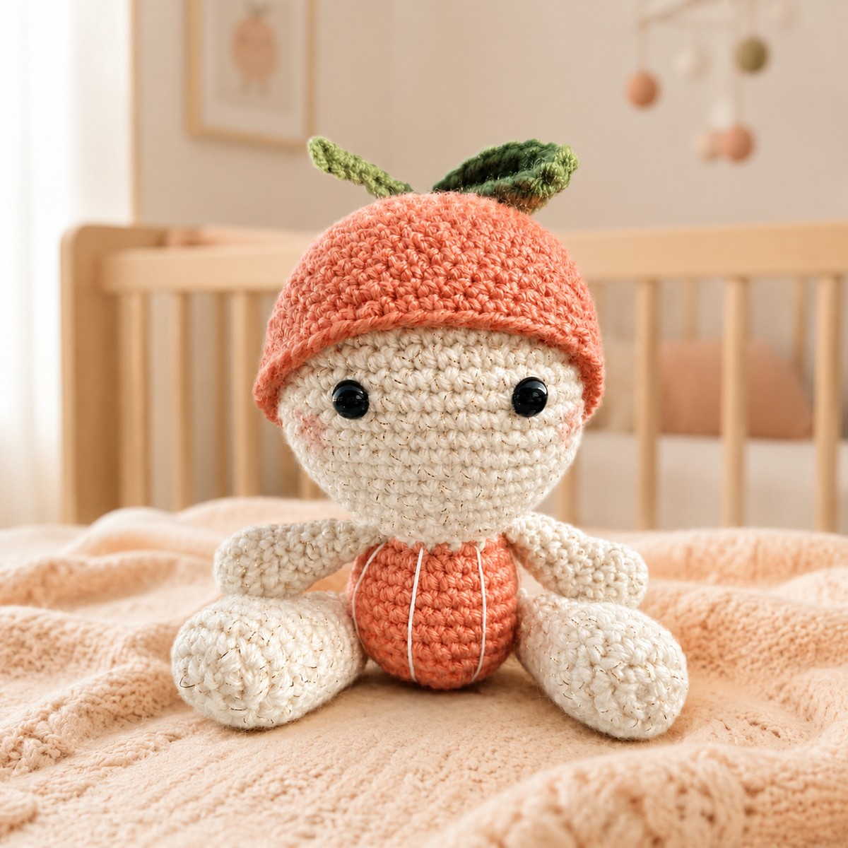 Baby Orange crochet plush in a nursery setting
