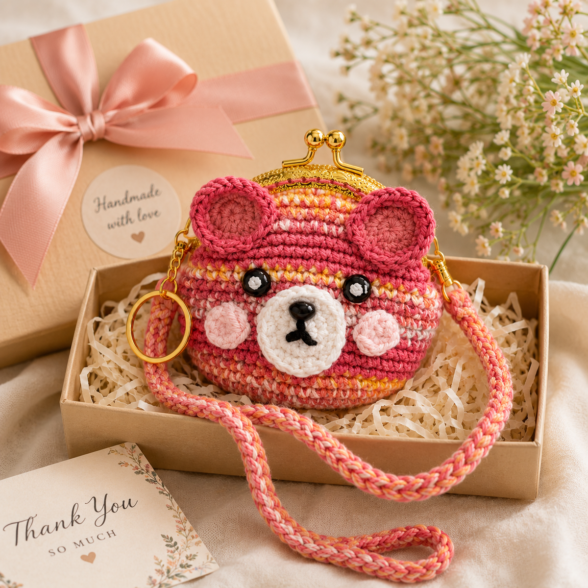 Handmade crochet bear coin purse gift presentation