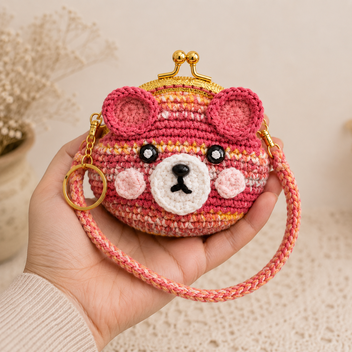 Handmade crochet bear coin purse held in one hand for scale