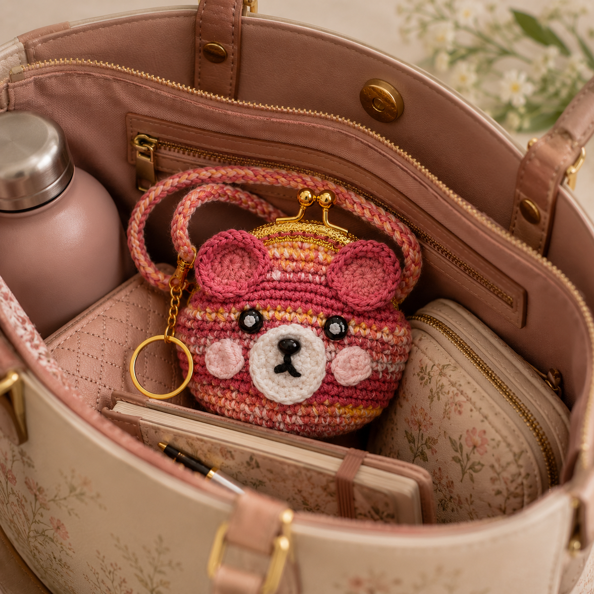 Handmade crochet bear coin purse inside a handbag