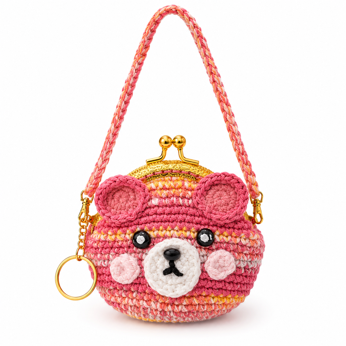 Handmade crochet bear coin purse with gold kiss-lock clasp and carrying handle