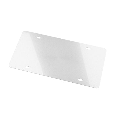 Back side of decorative aluminum license plate showing four pre-drilled mounting holes