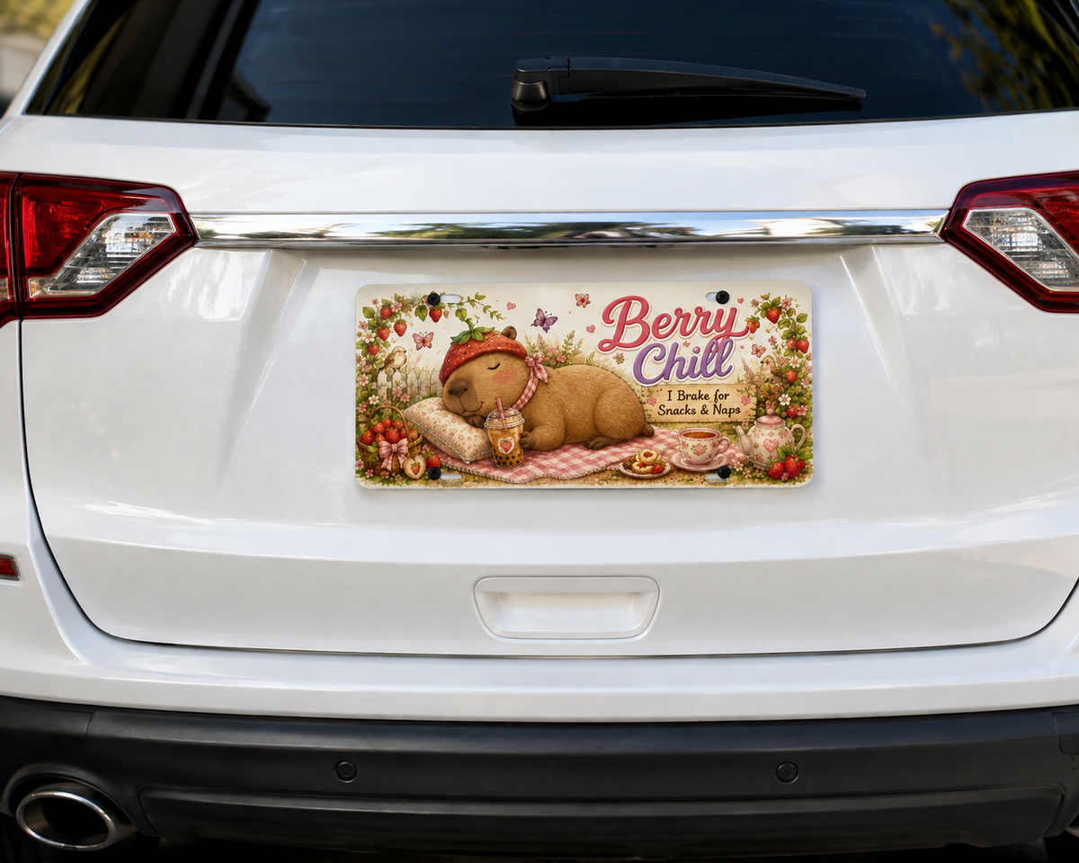 Berry Chill decorative license plate mounted on the rear of a white SUV