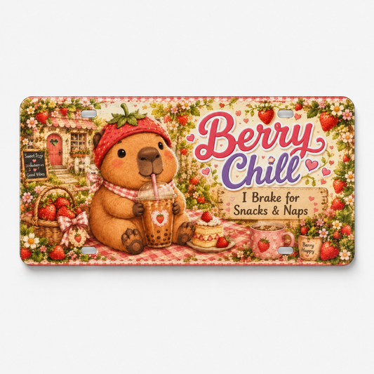 Berry Chill strawberry capybara decorative license plate, I Brake for Snacks and Naps