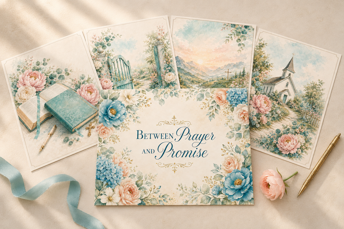 Between Prayer and Promise digital Christian prayer journal paper kit cover and coordinating printable pages