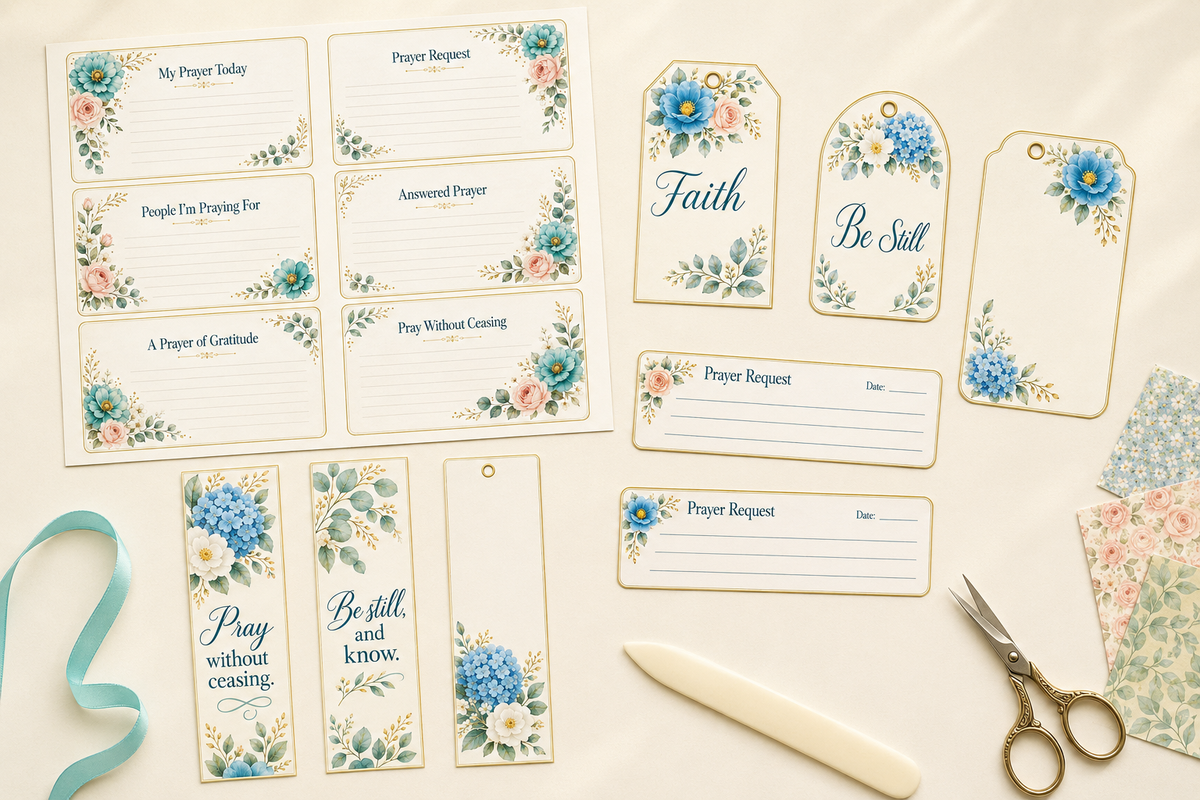 Printable prayer cards bookmarks tags and prayer request slips crafting scene