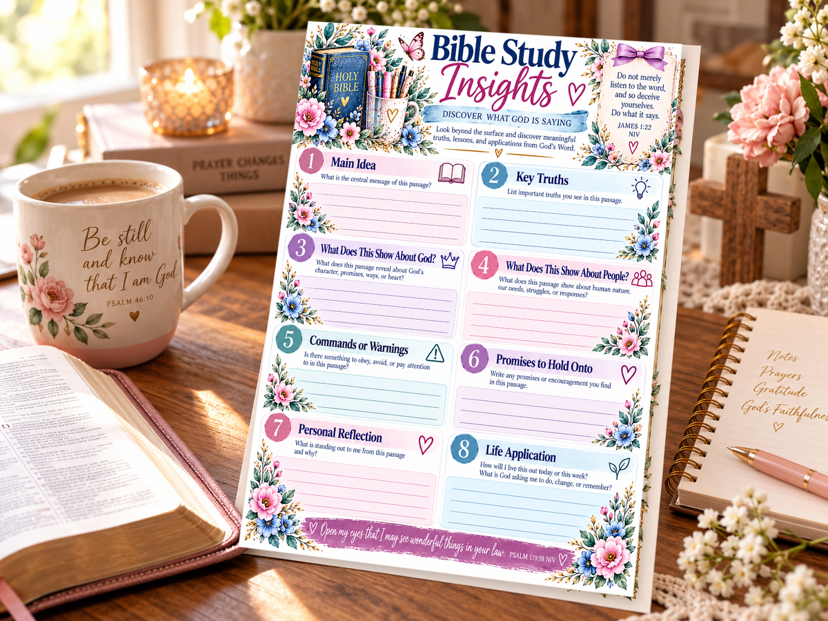 Bible Study Insights printable worksheet displayed beside Bible and coffee