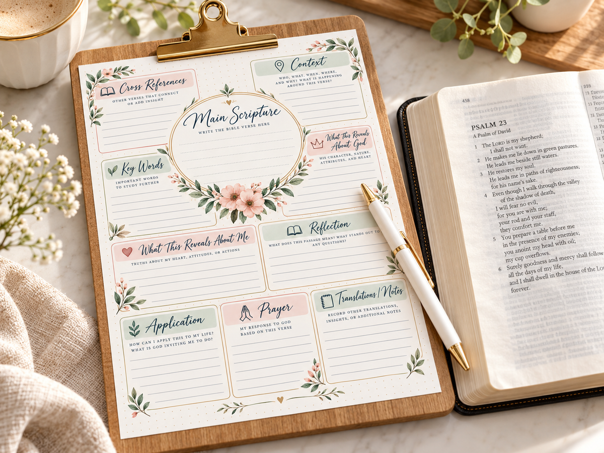 Bible study worksheet on a clipboard beside an open Bible