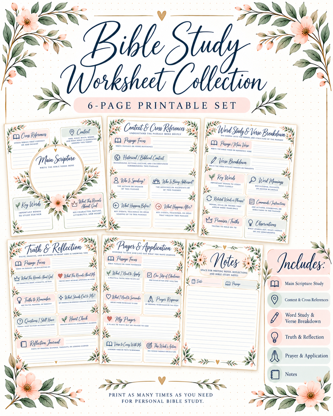 Bible Study Worksheet Collection 6-page printed set cover
