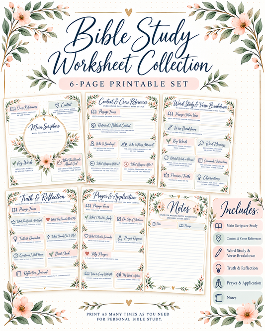 Bible Study Worksheet Collection 6-page printed set cover