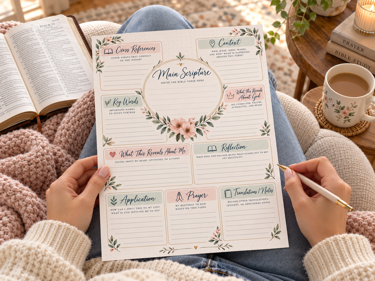Bible study worksheet used during a cozy devotional time