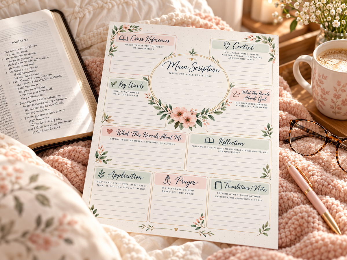 Bible study worksheet in a cozy morning devotional setting