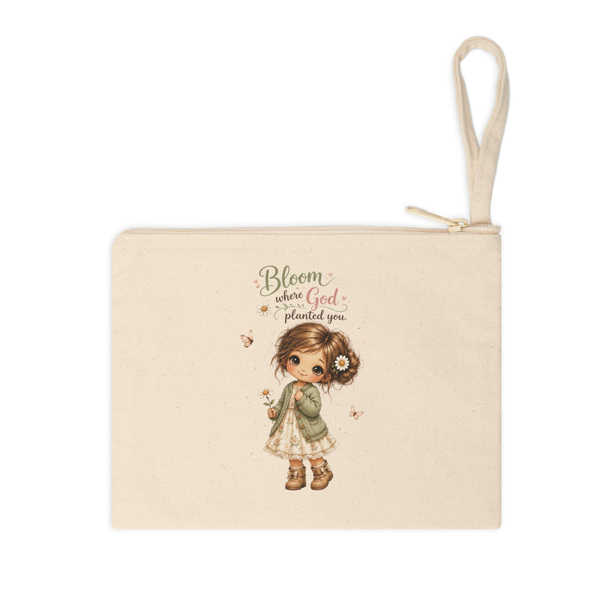 Bloom Where God Planted You floral girl canvas wristlet pouch