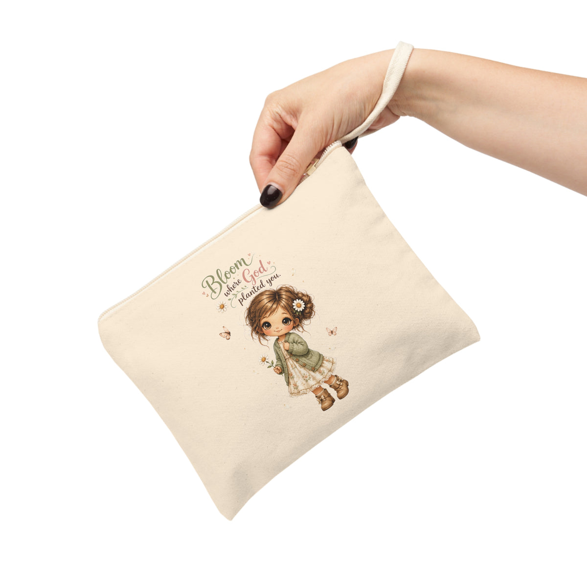 Bloom Where God Planted You canvas wristlet pouch held by hand