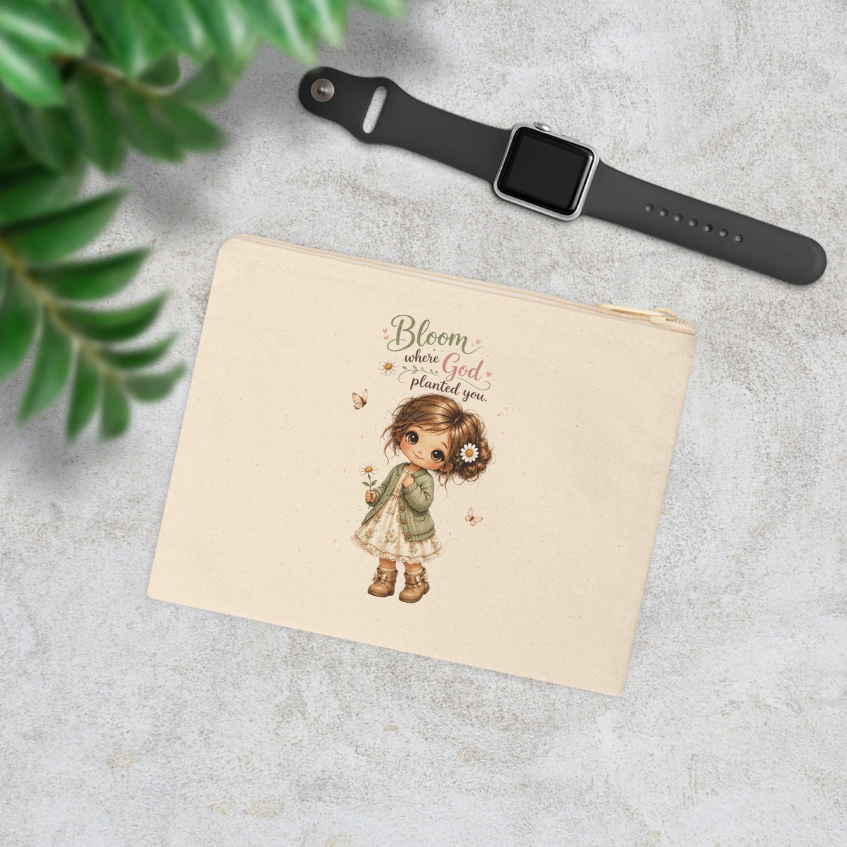 Bloom Where God Planted You Christian canvas pouch lifestyle flat lay