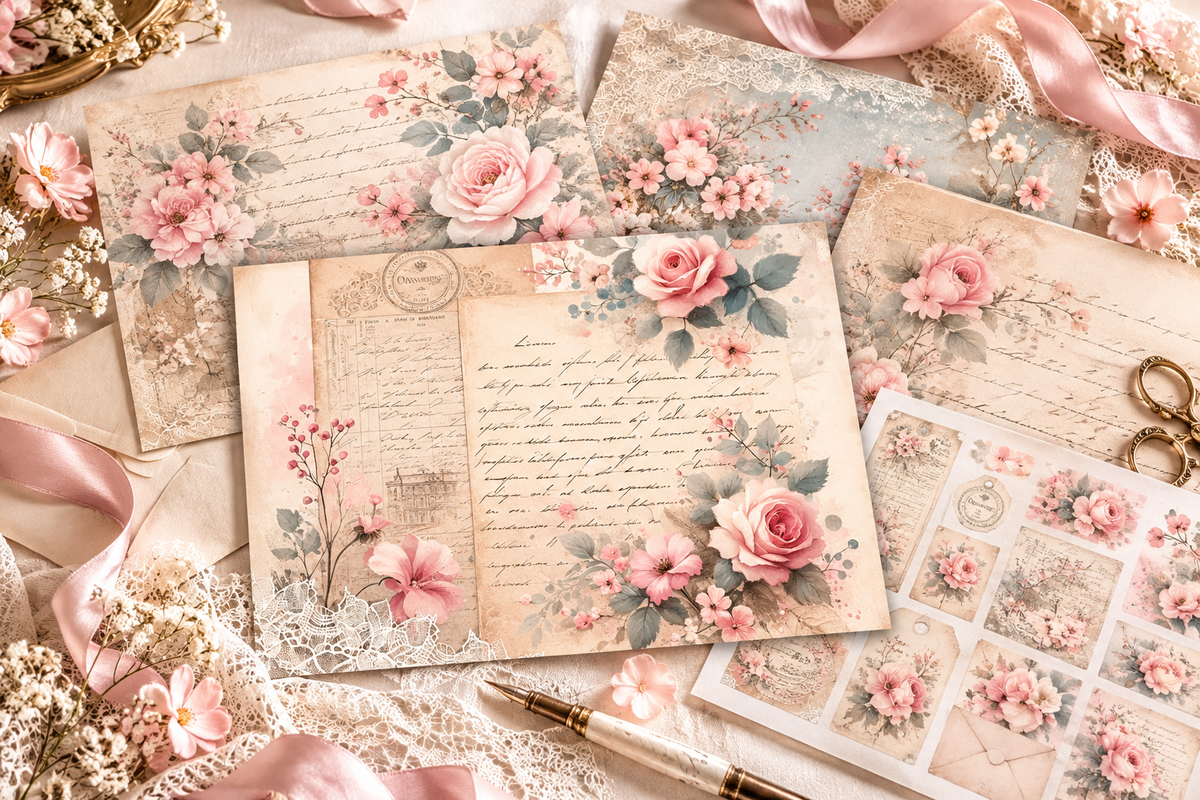 Blossoms & Letters printed paper kit flat lay