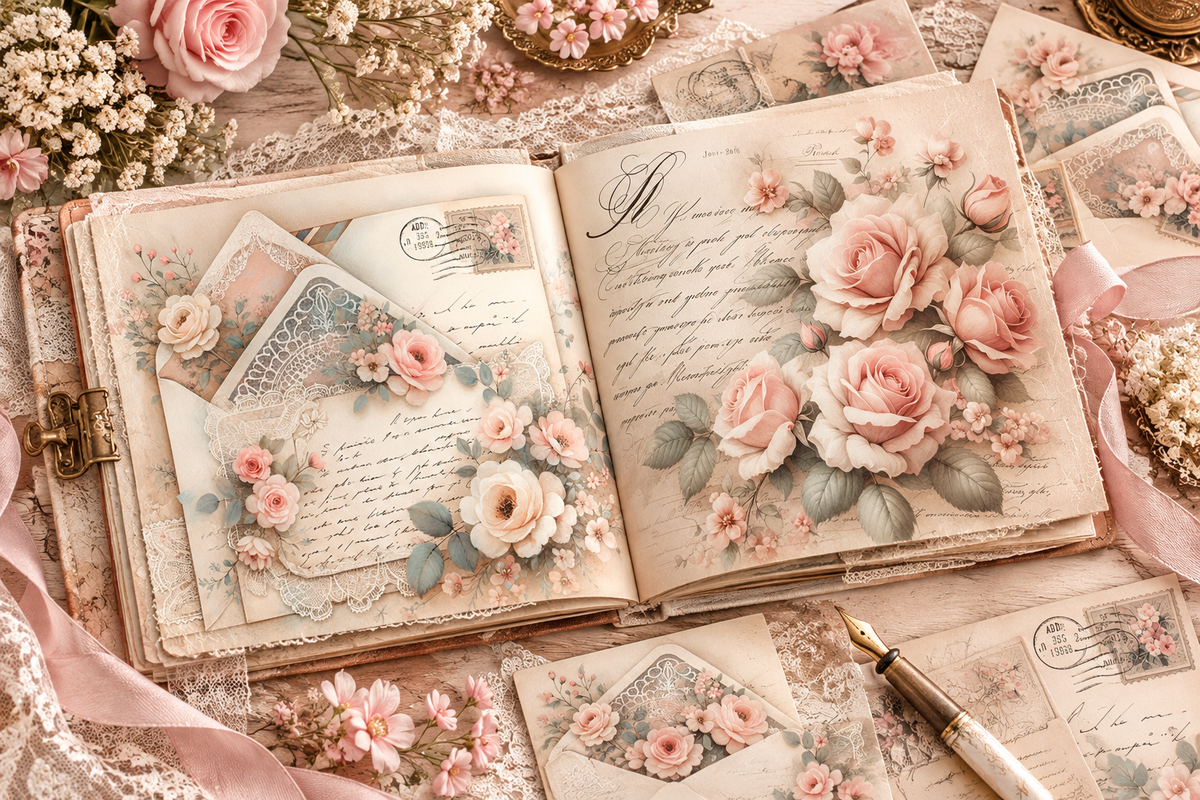 Blossoms & Letters open junk journal inspiration mockup
