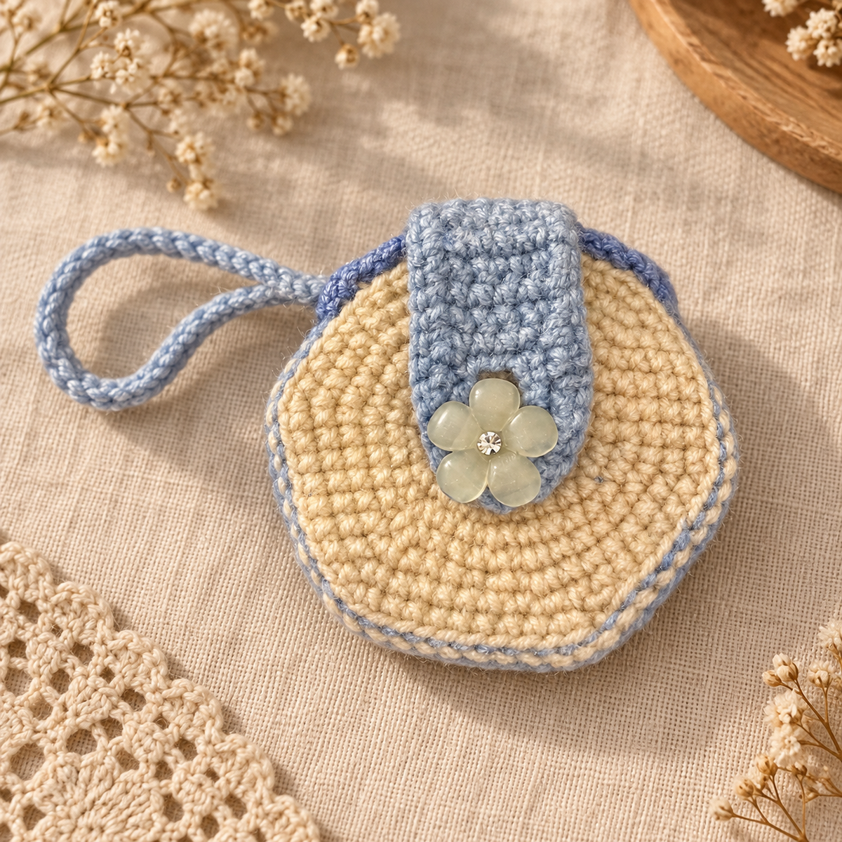 Blue Blossom Crochet Wristlet Coin Pouch back view with blue flap and flower detail