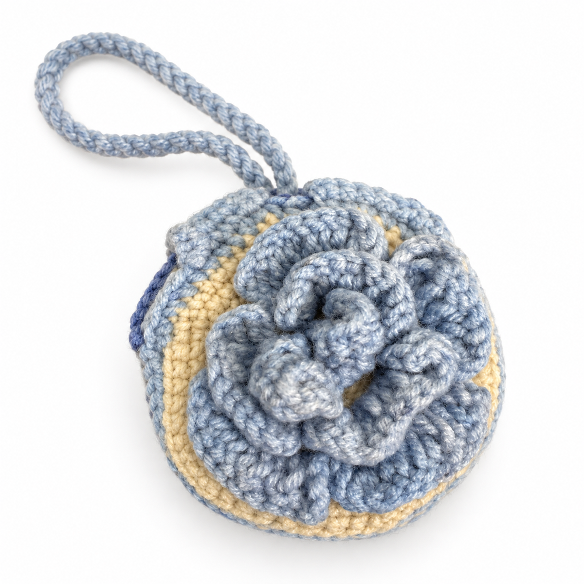 Blue Blossom Crochet Wristlet Coin Pouch front view with layered blue crochet flower