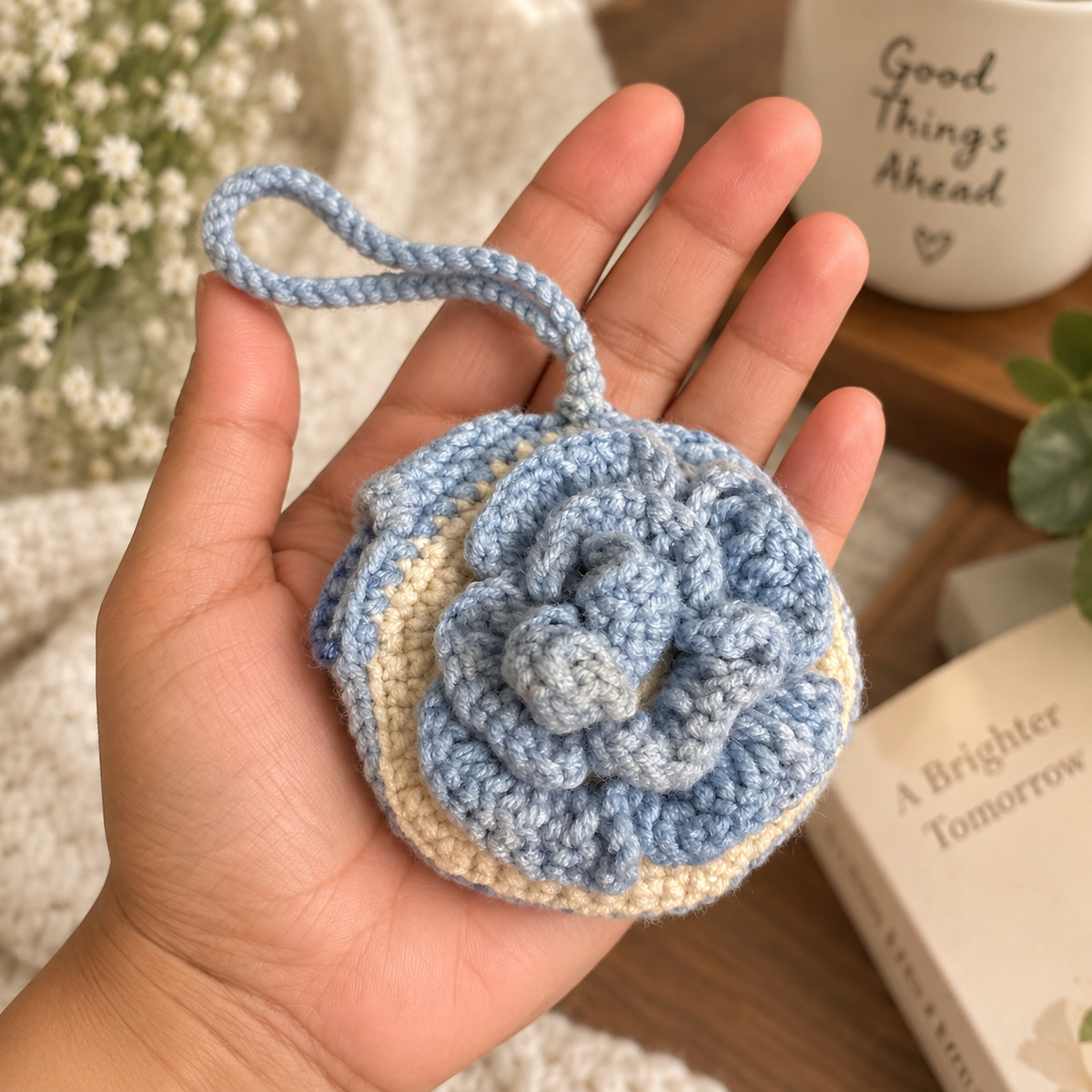 Blue Blossom Crochet Wristlet Coin Pouch shown in hand for size reference