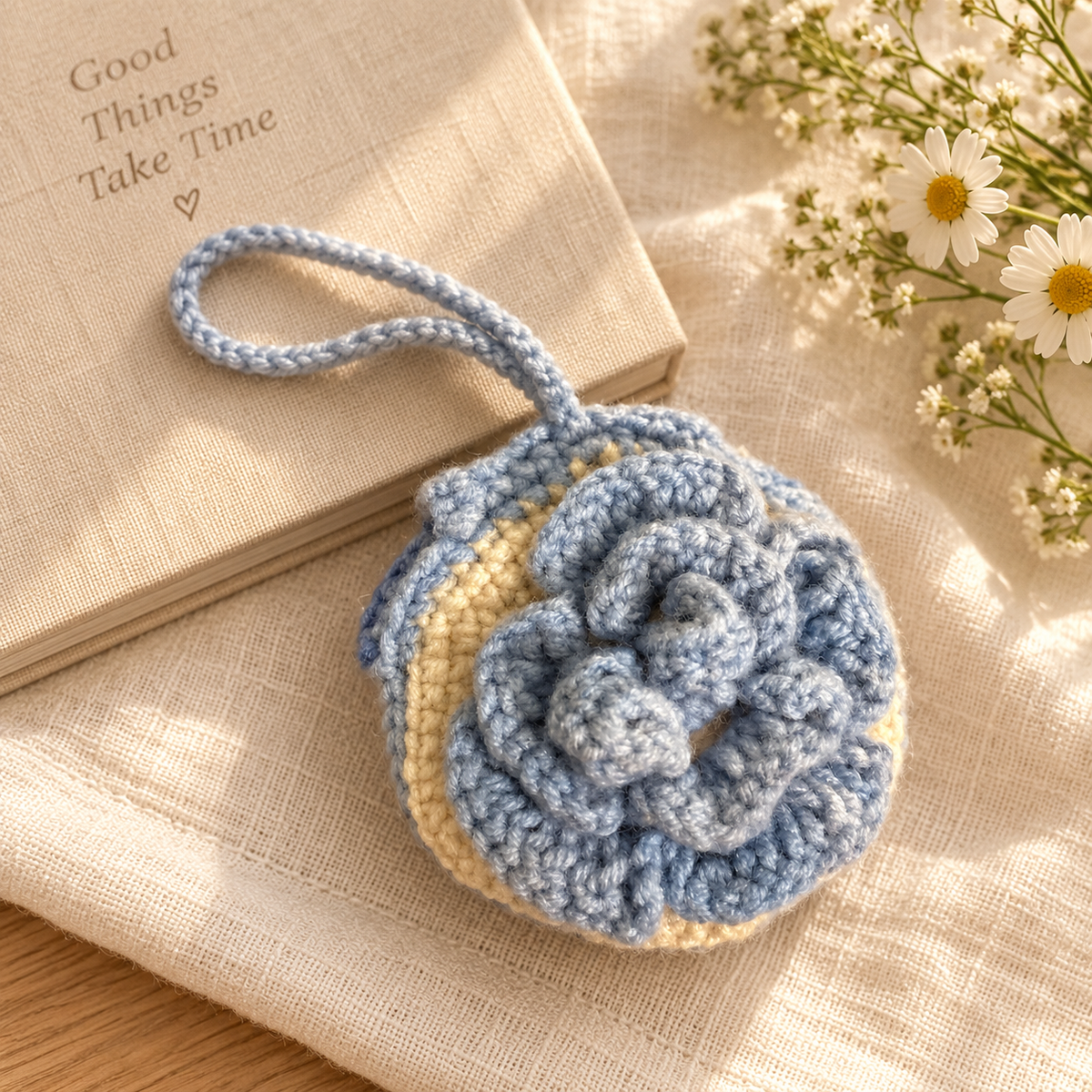 Blue Blossom Crochet Wristlet Coin Pouch styled lifestyle view with floral accents