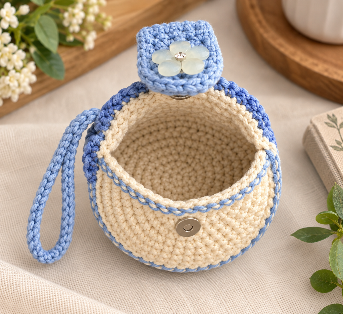 Blue Blossom Crochet Wristlet Coin Pouch open interior view showing unlined crochet construction