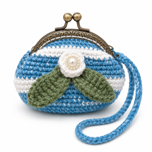 Handmade blue and white crochet floral coin purse with antique bronze kiss-lock clasp