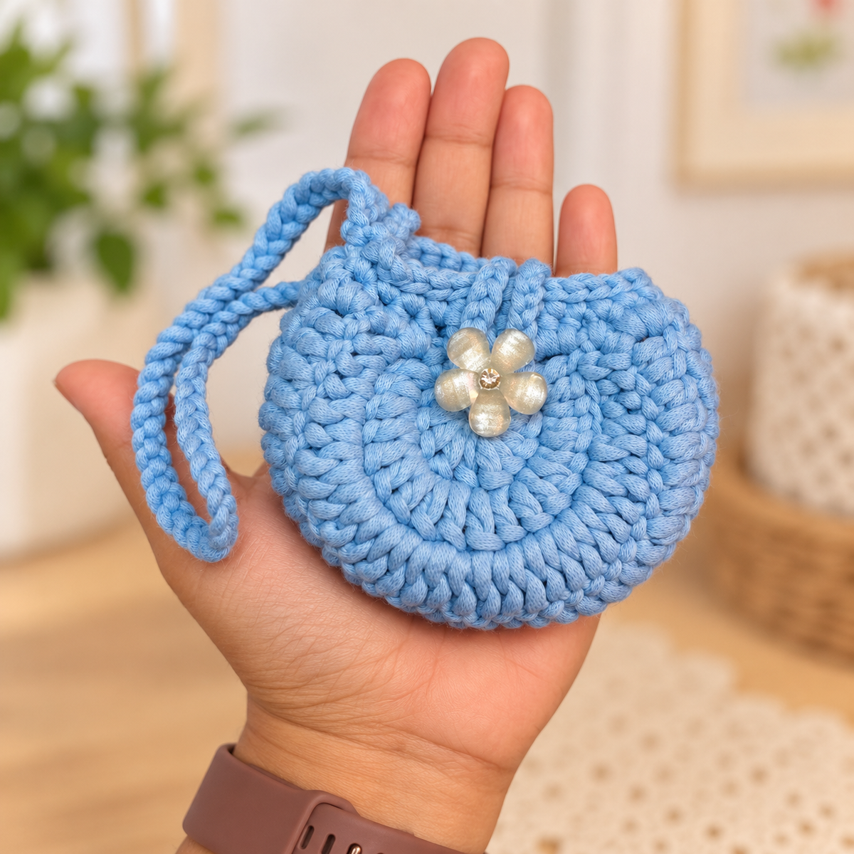 Blue flower button crochet wristlet pouch shown in hand for size reference