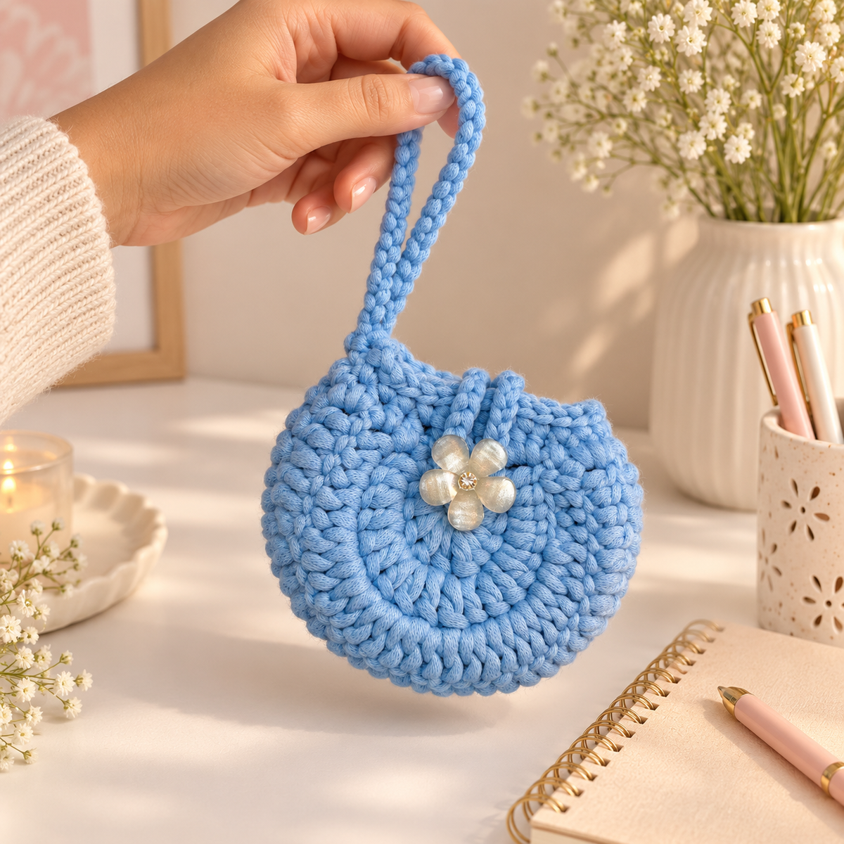 Blue flower button crochet wristlet pouch lifestyle view