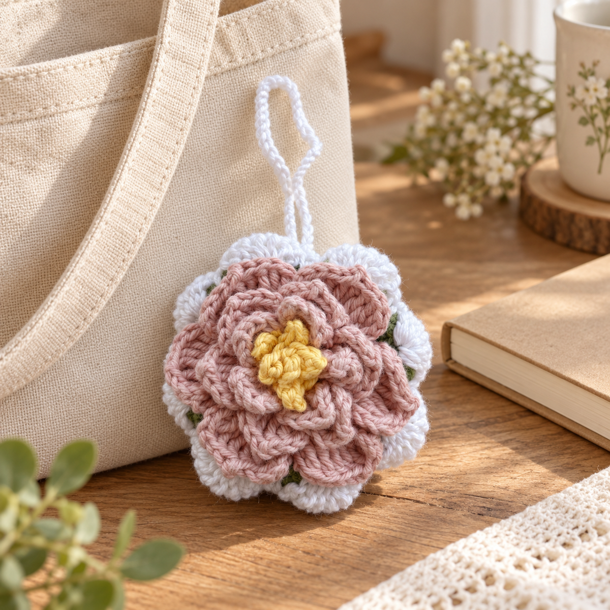 Blush Blossom Crochet Wristlet Pouch styled beside neutral tote and journal