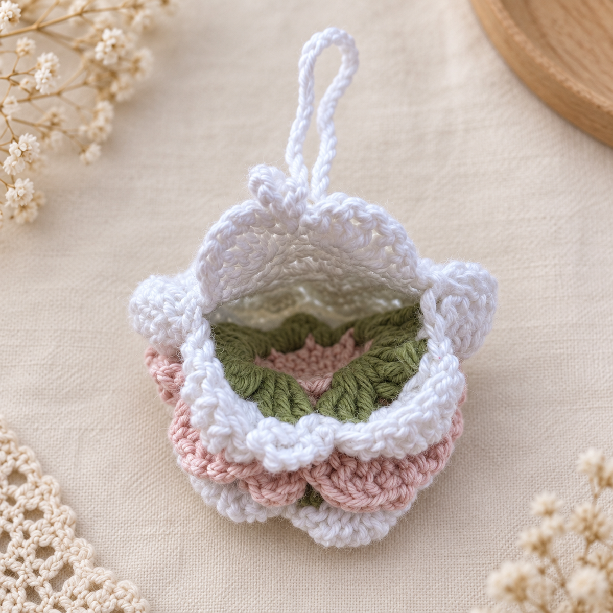 Blush Blossom Crochet Wristlet Pouch open unlined interior view