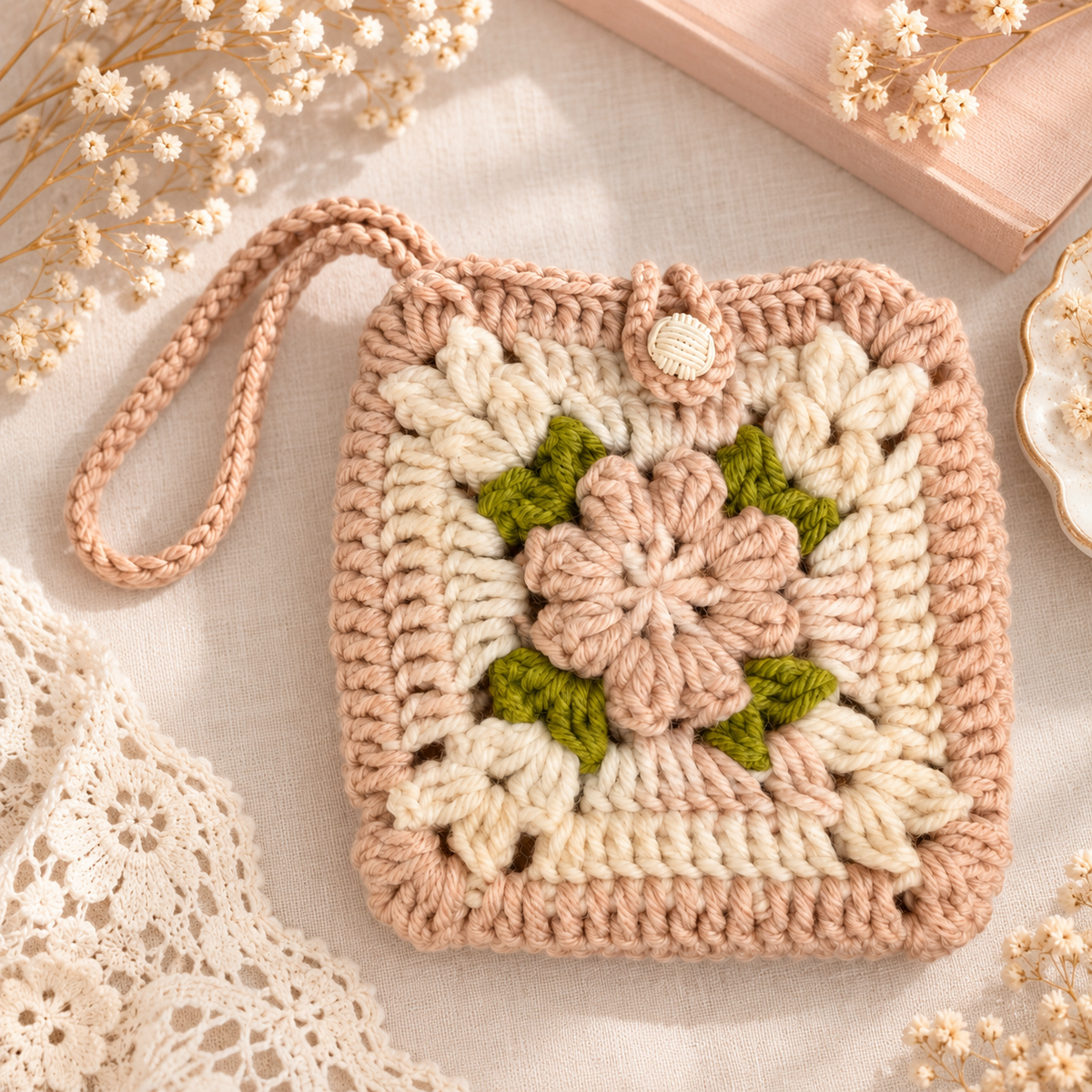 Blush floral crochet pouch styled in a warm flat lay
