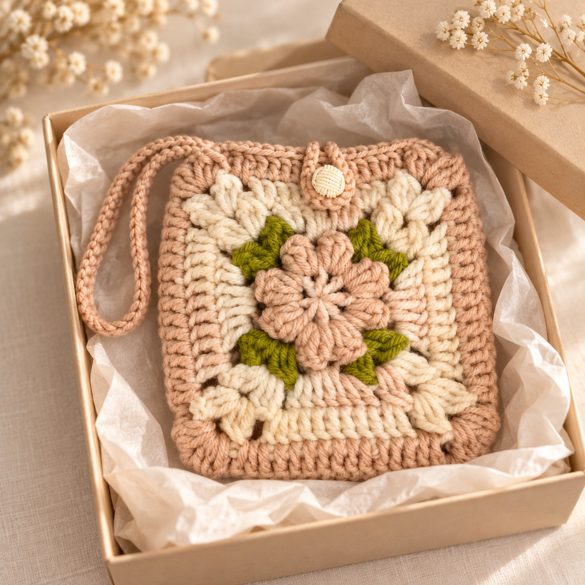 Blush floral crochet pouch presented in a gift box