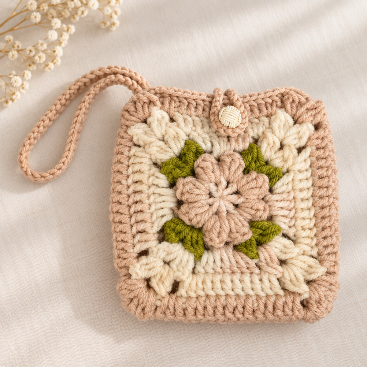 Handmade blush floral crochet pouch with single strap and button closure