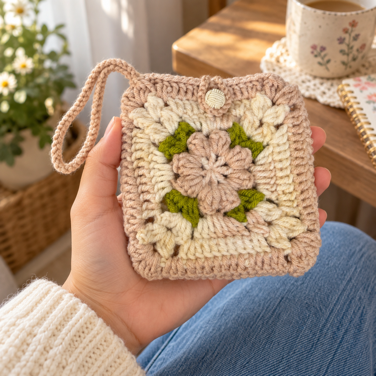 Blush floral crochet pouch held in a cozy lifestyle setting