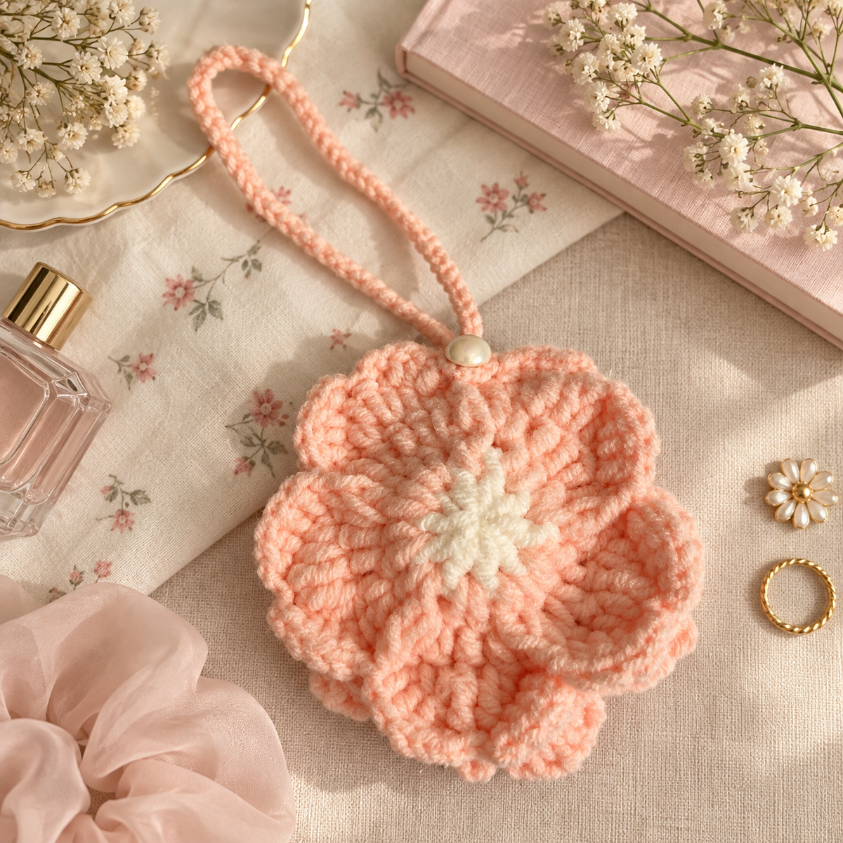 Blush flower crochet pouch in a feminine flat lay