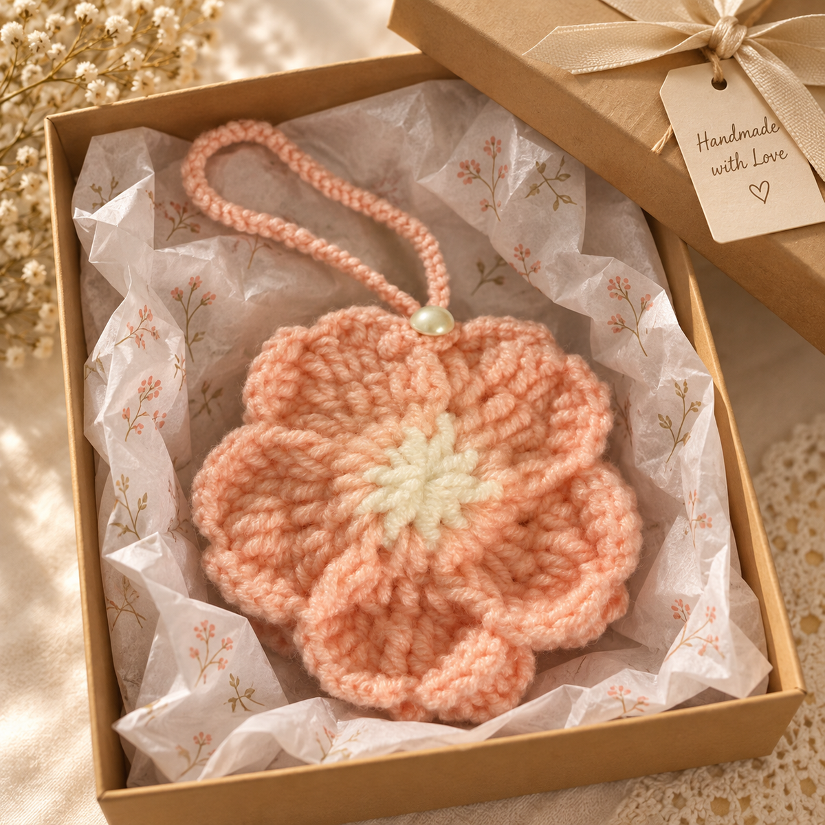Blush flower crochet pouch presented in a gift box
