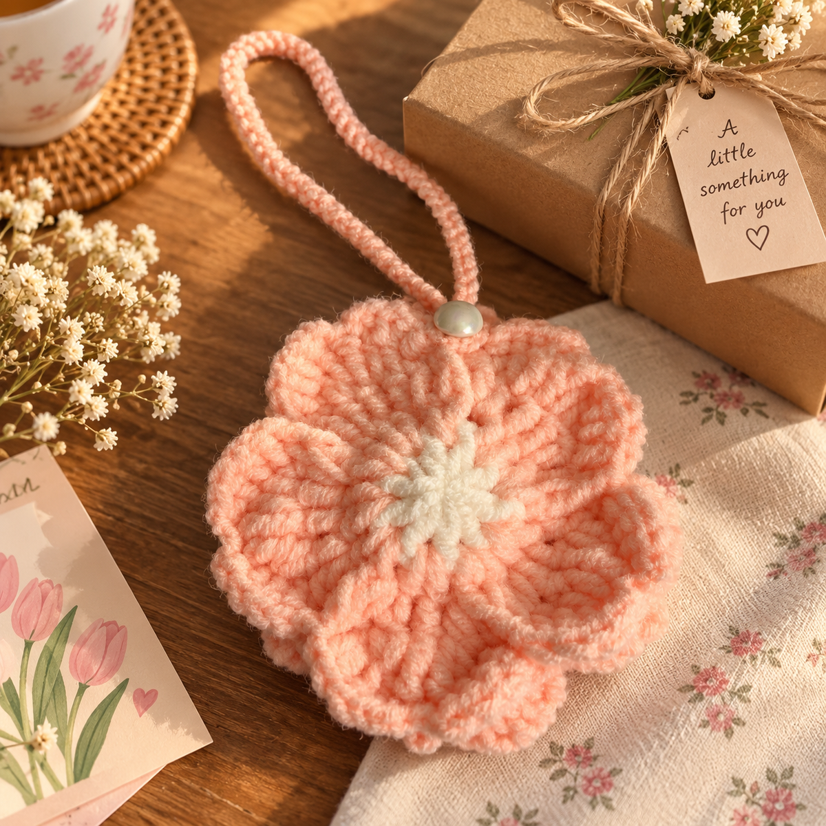 Blush flower crochet pouch in a cozy handmade gift scene