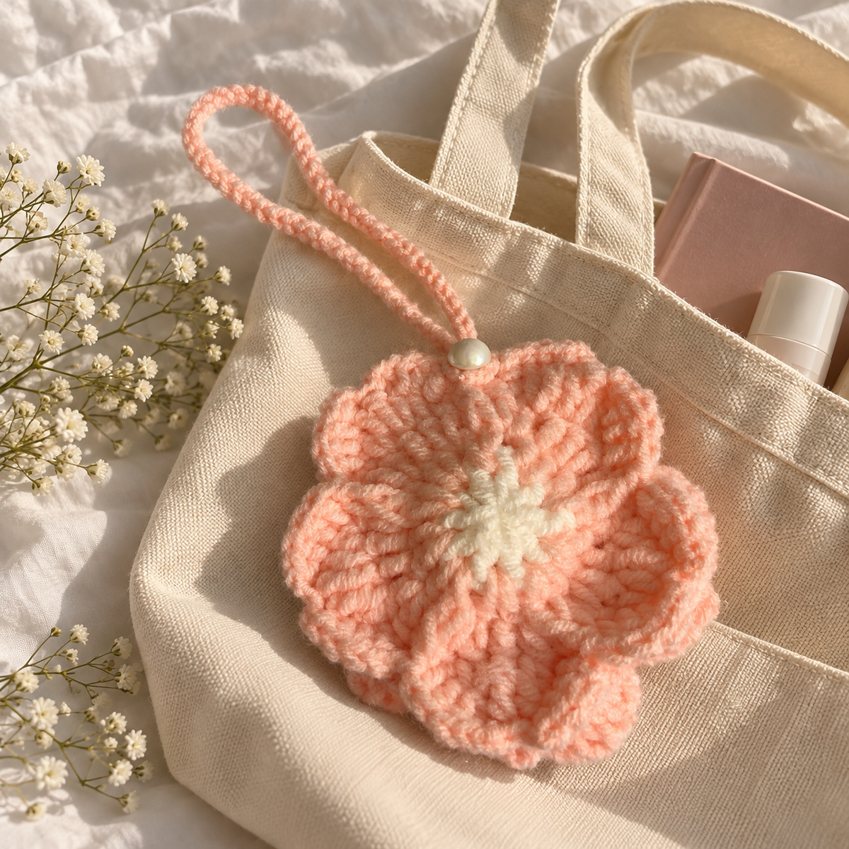 Blush flower crochet pouch styled with a neutral canvas tote bag