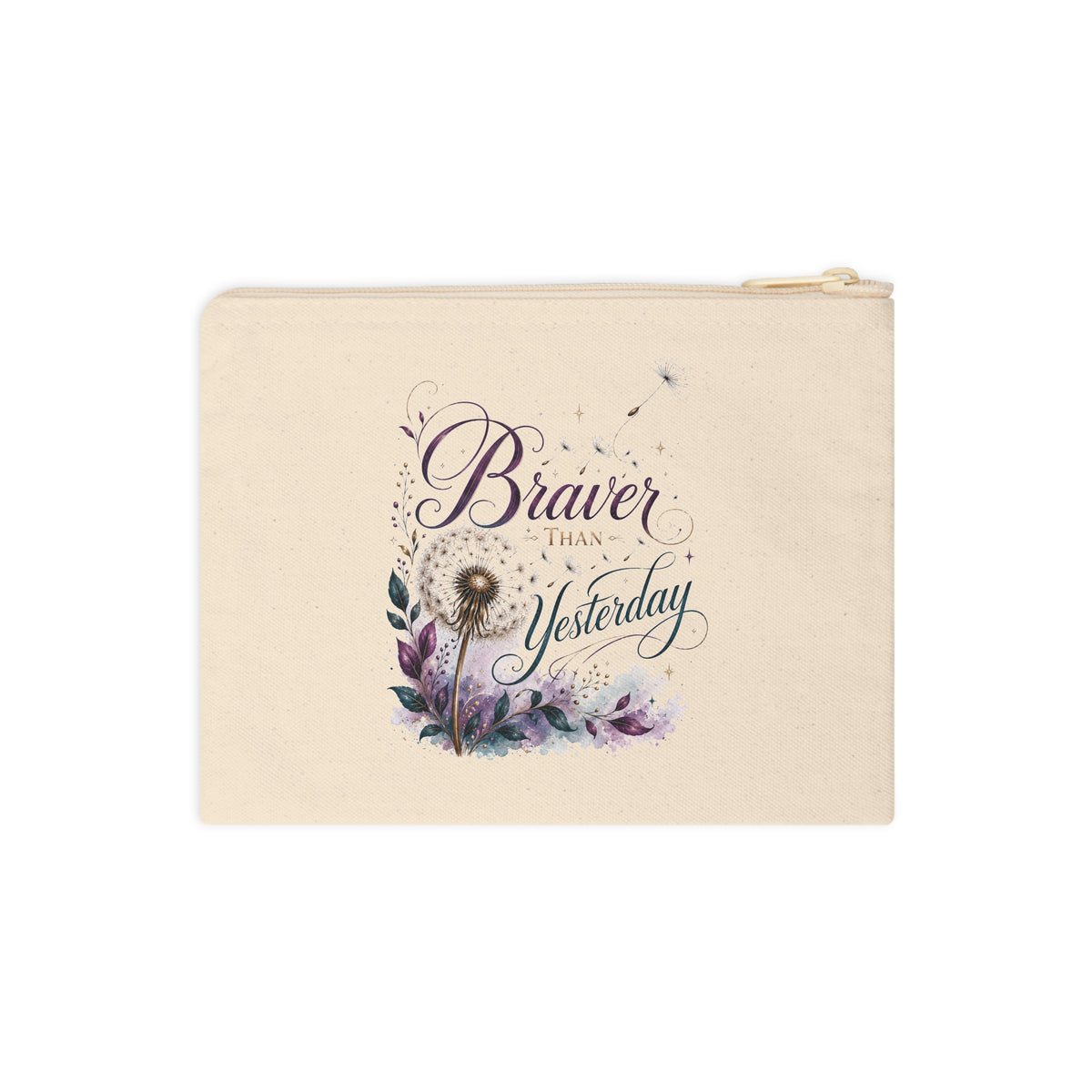 Front view of Braver Than Yesterday canvas zipper pouch with purple dandelion floral artwork