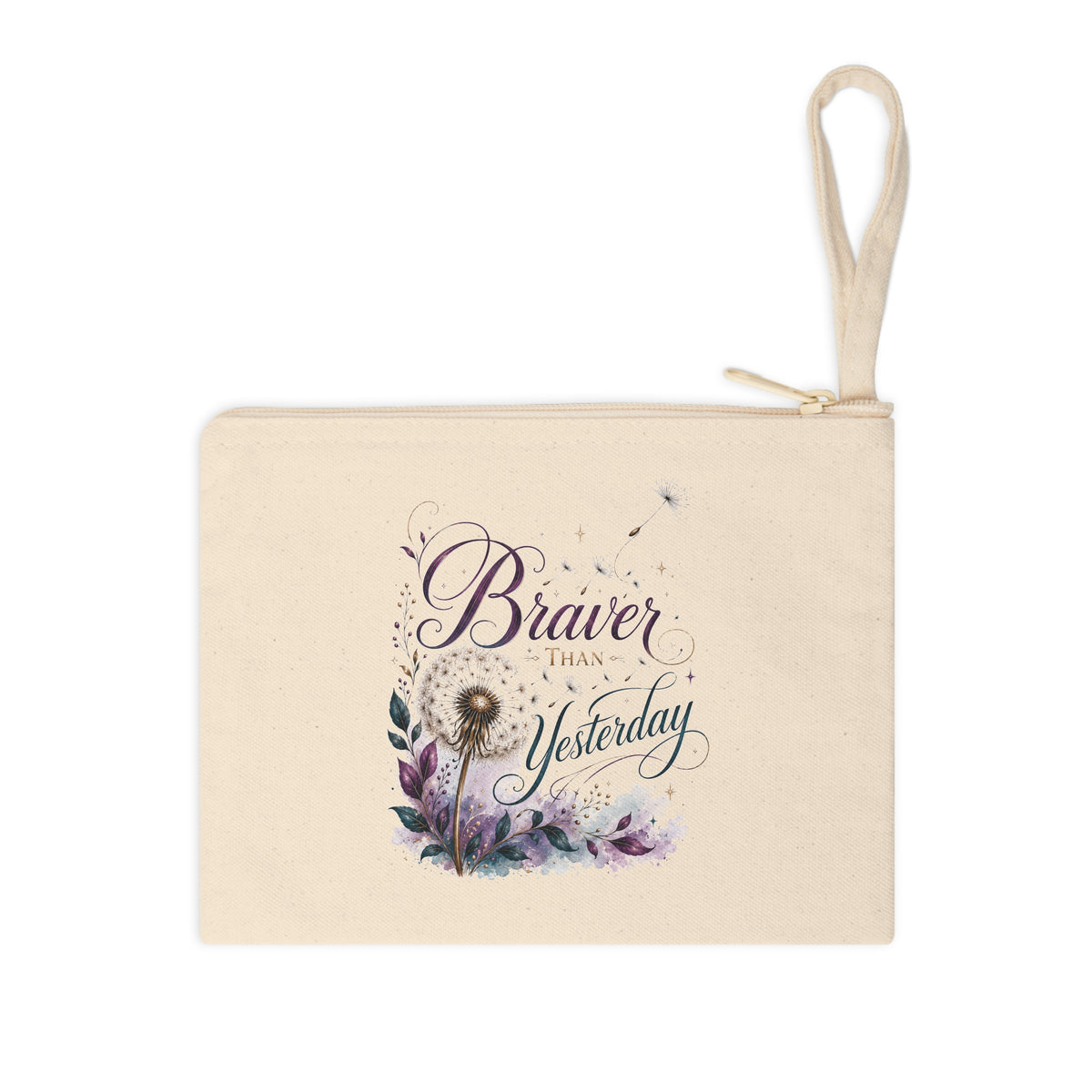 Front view of Braver Than Yesterday natural canvas wristlet pouch with zipper and botanical dandelion design