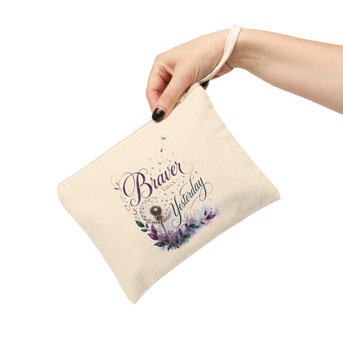 Handheld Braver Than Yesterday canvas zipper pouch with purple and blue botanical dandelion artwork