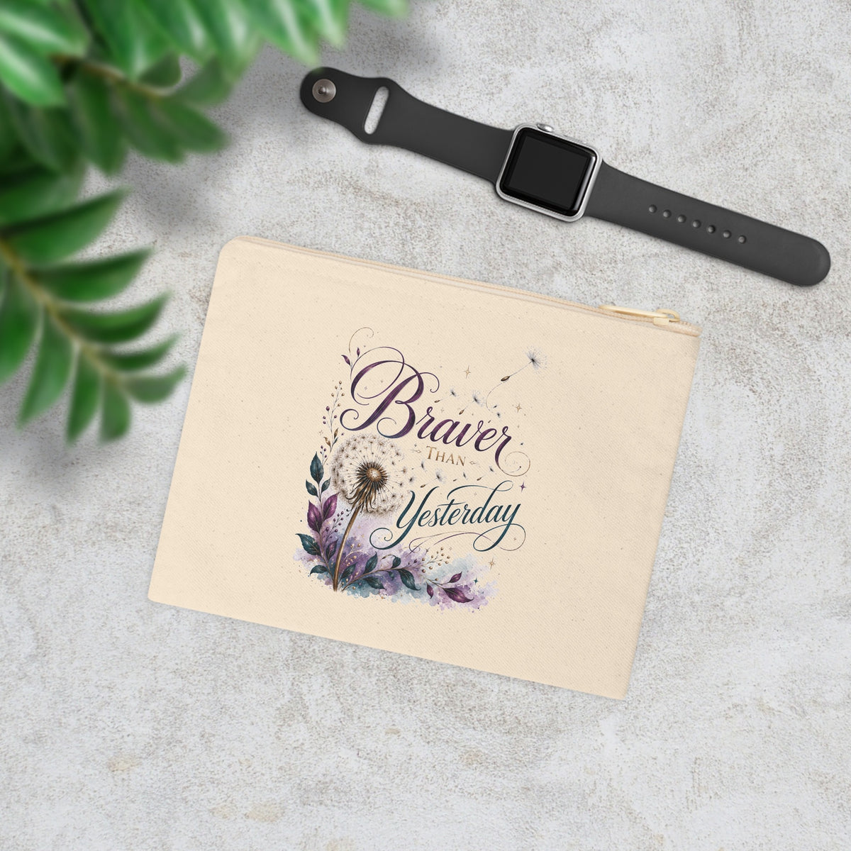 Braver Than Yesterday inspirational canvas wristlet pouch with purple dandelion floral design