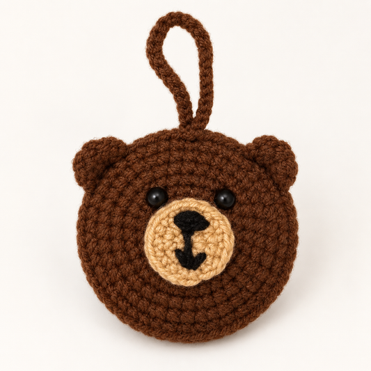 Brown bear crochet pocket mirror charm front view