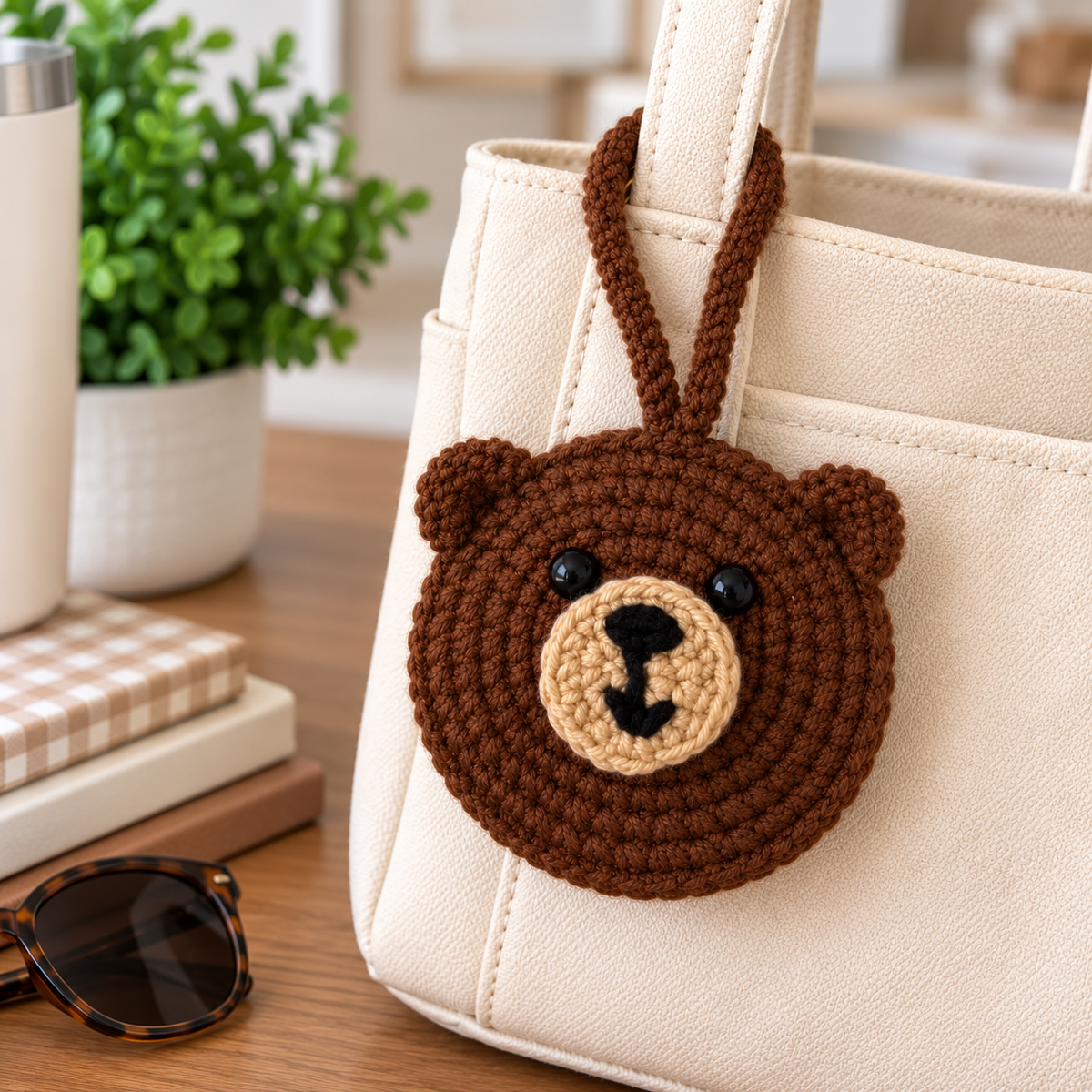 Brown bear crochet pocket mirror charm hanging from a cream purse
